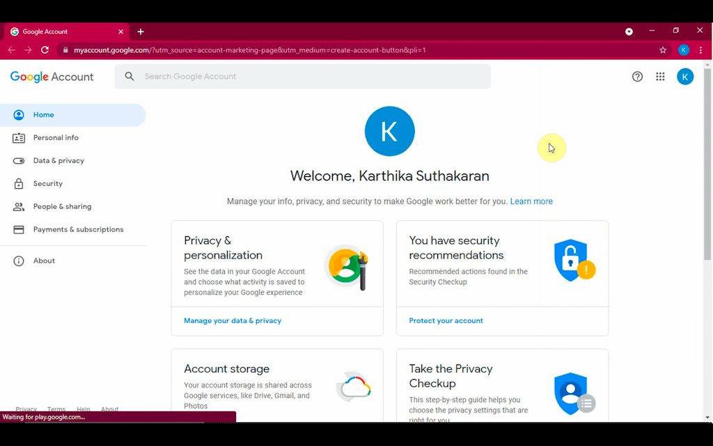 Google account welcome page